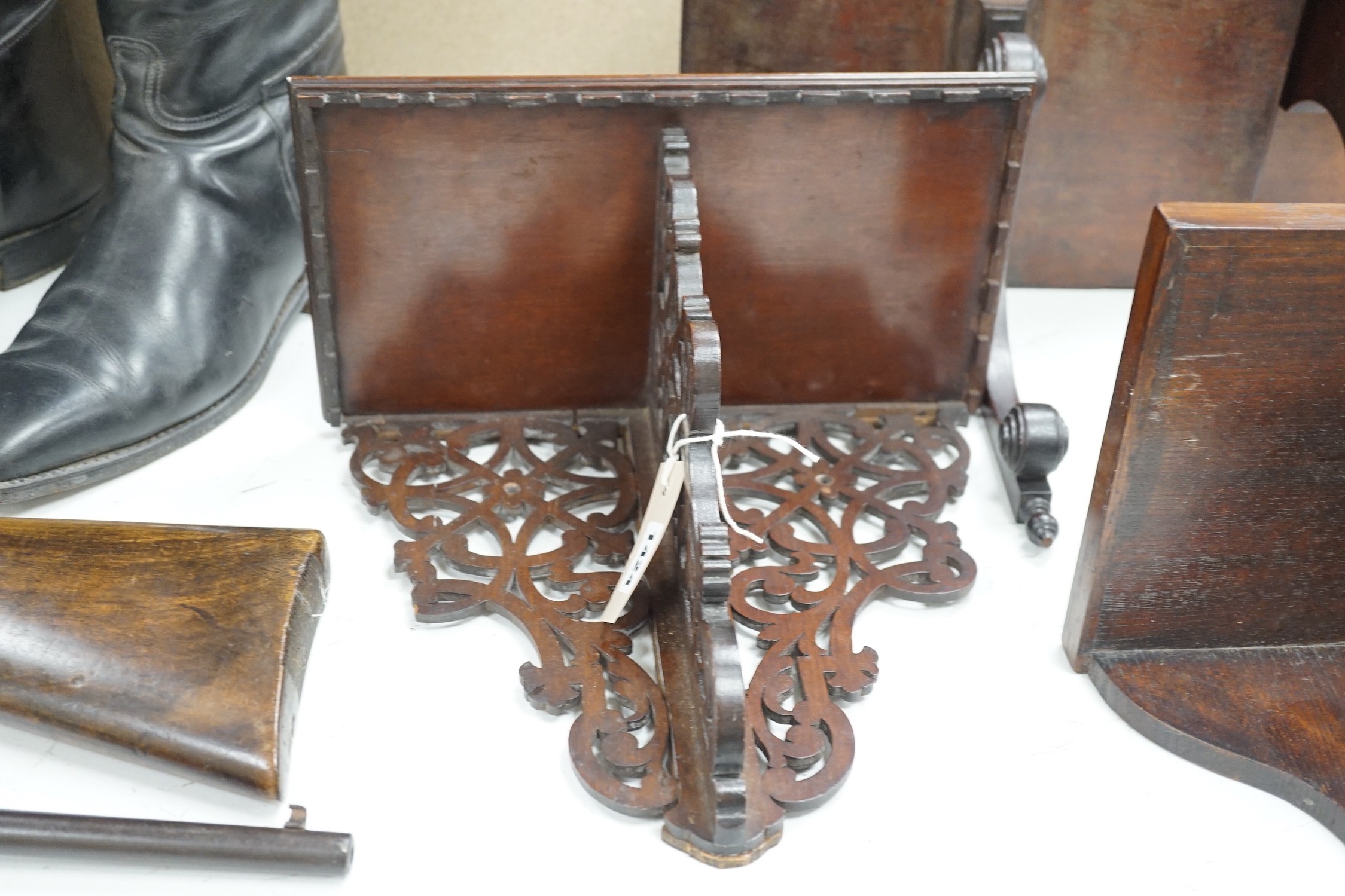 Four carved mahogany or oak wall brackets, largest 34x39cm